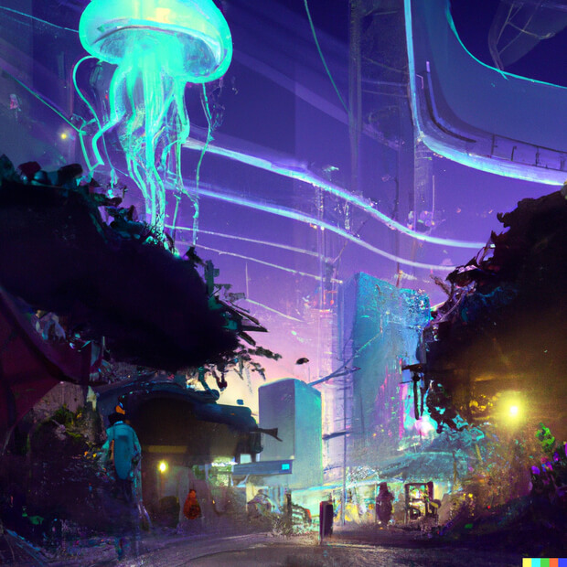 a futuristic city desert oasis full of gardens, people, and neon jellyfish in the background, digital art - version 2